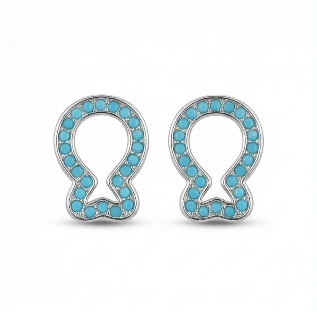 925 Sterling Silver Open Loop Stud Earrings Turquoise Blue Beads Rhodium Finish Jewellery