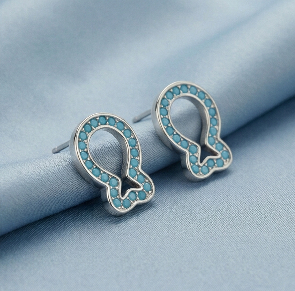 925 Sterling Silver Open Loop Stud Earrings Turquoise Blue Beads Rhodium Finish Jewellery