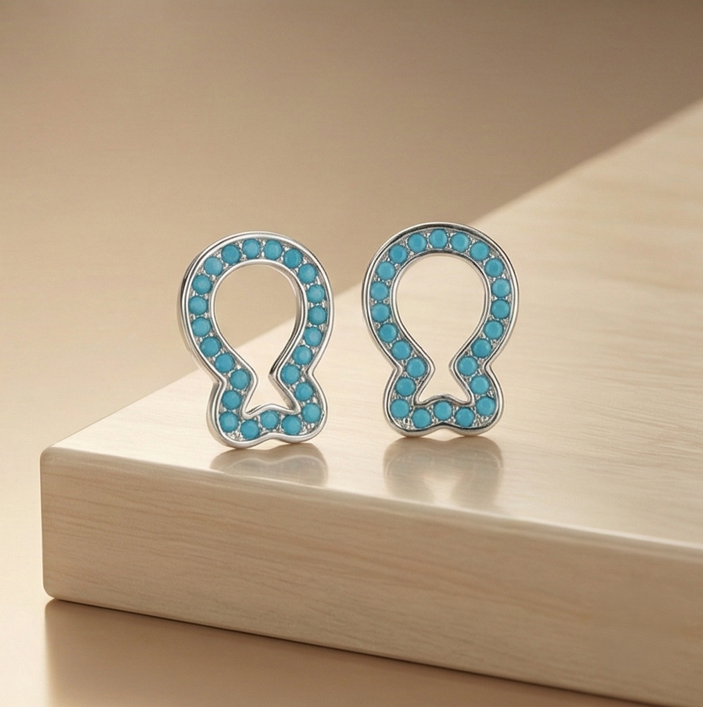 925 Sterling Silver Open Loop Stud Earrings Turquoise Blue Beads Rhodium Finish Jewellery