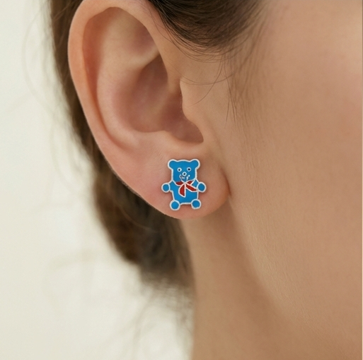925 Sterling Silver Blue Teddy Bear Stud Earrings Enamel Jewellery for Kids & Girls