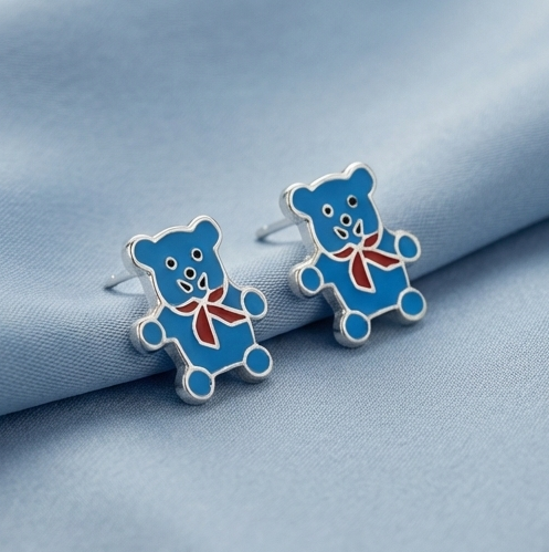 925 Sterling Silver Blue Teddy Bear Stud Earrings Enamel Jewellery for Kids & Girls