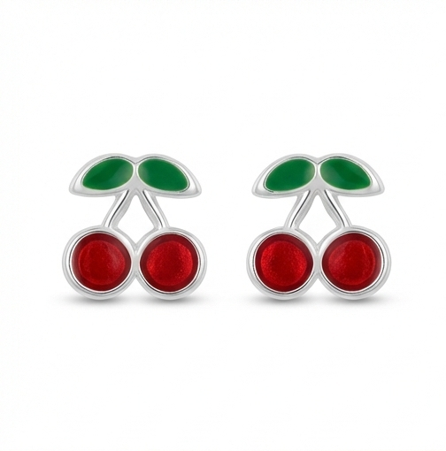 925 Sterling Silver Cherry Fruit Stud Earrings Red Enamel Jewellery for Girls