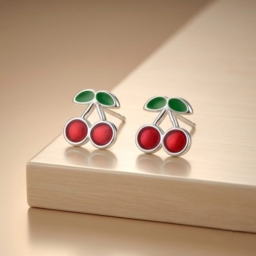 925 Sterling Silver Cherry Fruit Stud Earrings Red Enamel Jewellery for Girls