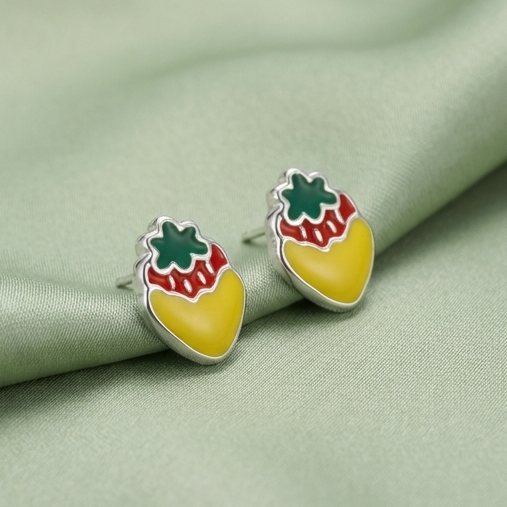 925 Sterling Silver Strawberry Stud Earrings Colorful Enamel Jewellery for Kids & Teens