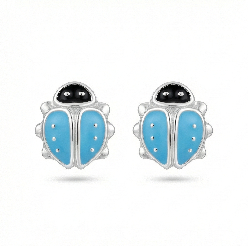 925 Sterling Silver Blue Ladybug Stud Earrings Enamel Jewellery for Girls