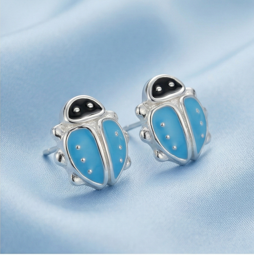 925 Sterling Silver Blue Ladybug Stud Earrings Enamel Jewellery for Girls