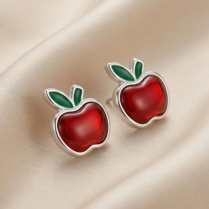 925 Sterling Silver Red Apple Stud Earrings Glossy Enamel Jewellery for Teachers & Students