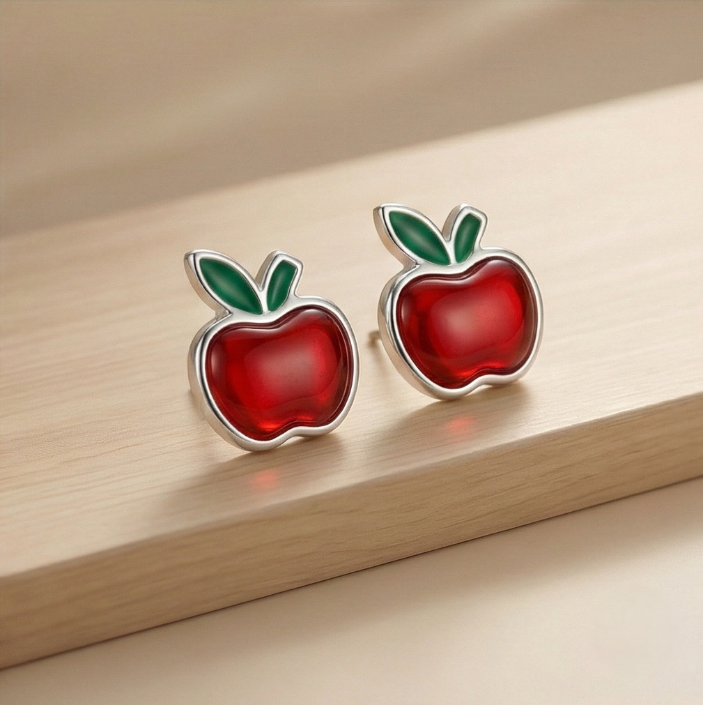 925 Sterling Silver Red Apple Stud Earrings Glossy Enamel Jewellery for Teachers & Students