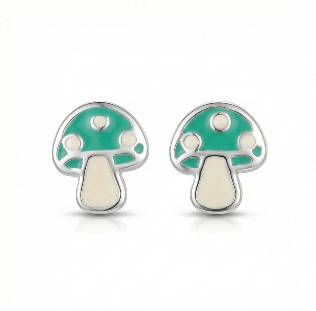 925 Sterling Silver Mushroom Stud Earrings Green Enamel Jewellery for Nature Enthusiasts