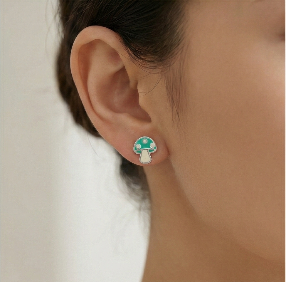 925 Sterling Silver Mushroom Stud Earrings Green Enamel Jewellery for Nature Enthusiasts