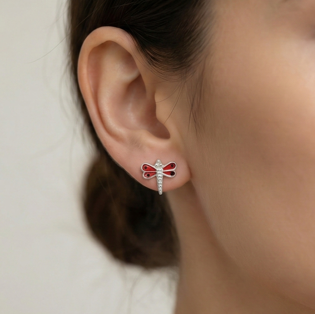 925 Sterling Silver Red Enamel Dragonfly Stud Earrings Jewellery for Girls and Women