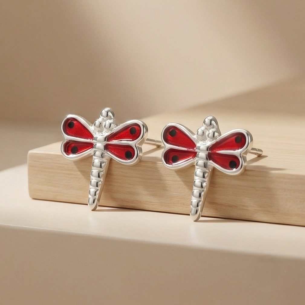 925 Sterling Silver Red Enamel Dragonfly Stud Earrings Jewellery for Girls and Women
