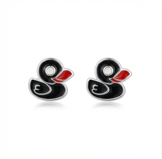 925 Sterling Silver Black Enamel Duck Stud Earrings Jewellery for Kids