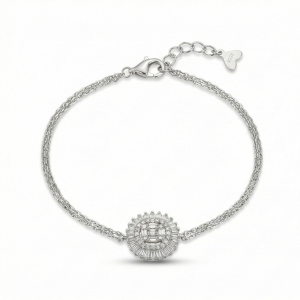 925 Sterling Silver Round Halo Charm Bracelet Adjustable Double Chain Jewellery