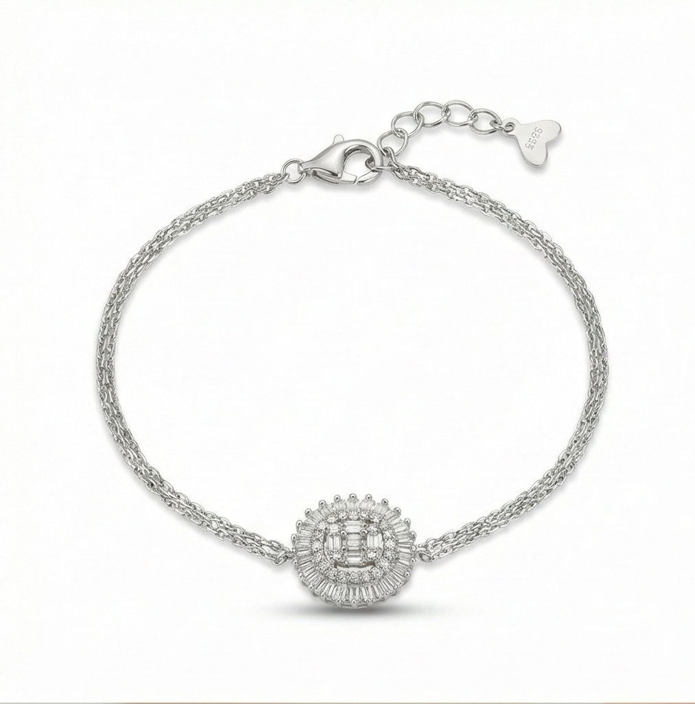925 Sterling Silver Round Halo Charm Bracelet Adjustable Double Chain Jewellery