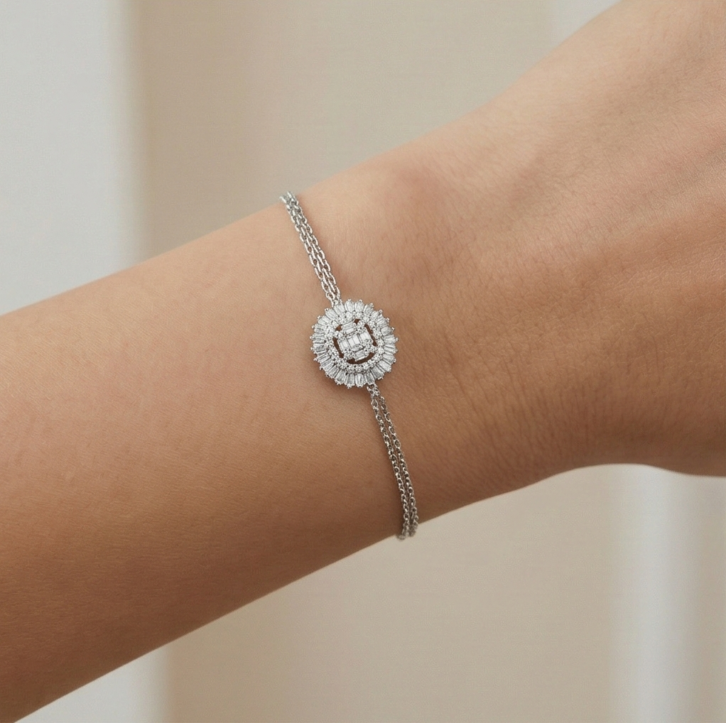 925 Sterling Silver Round Halo Charm Bracelet Adjustable Double Chain Jewellery