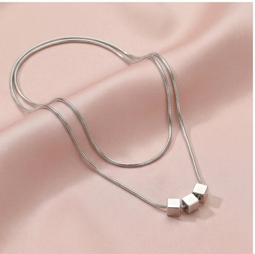 925 Sterling Silver Minimalist Triple Geometric Cube Pendant Necklace High Polish Jewellery for Women