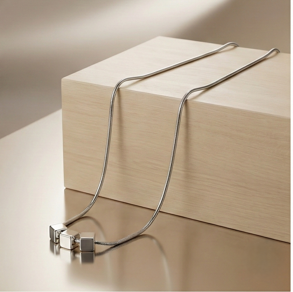 925 Sterling Silver Minimalist Triple Geometric Cube Pendant Necklace High Polish Jewellery for Women
