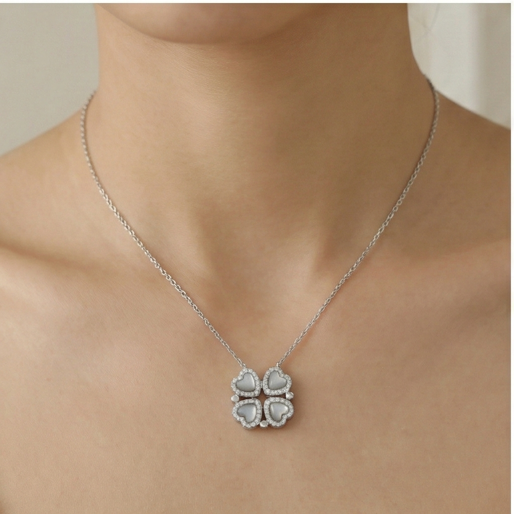 925 Sterling Silver Four Leaf Clover Heart Pendant Necklace Jewellery Rhodium Finish