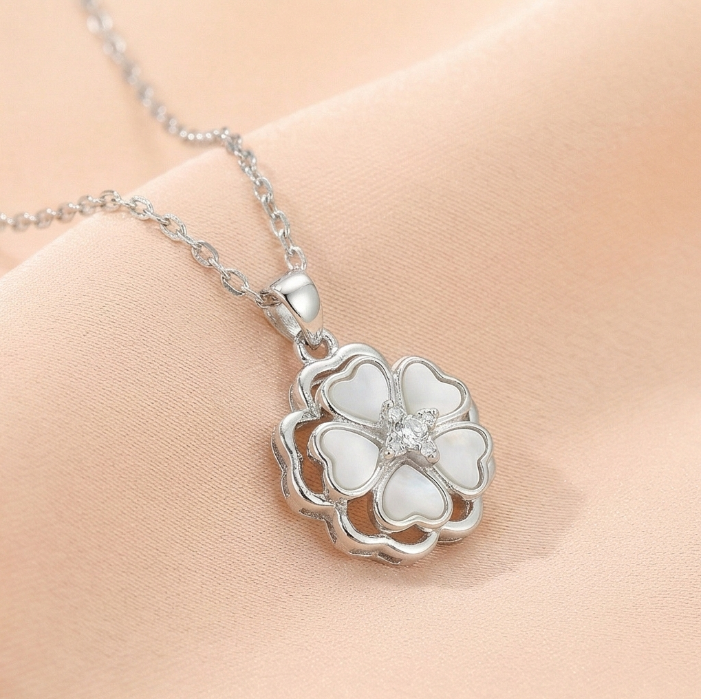 925 Sterling Silver White Shell Floral Motif Pendant Necklace Jewellery with Rhodium Finish