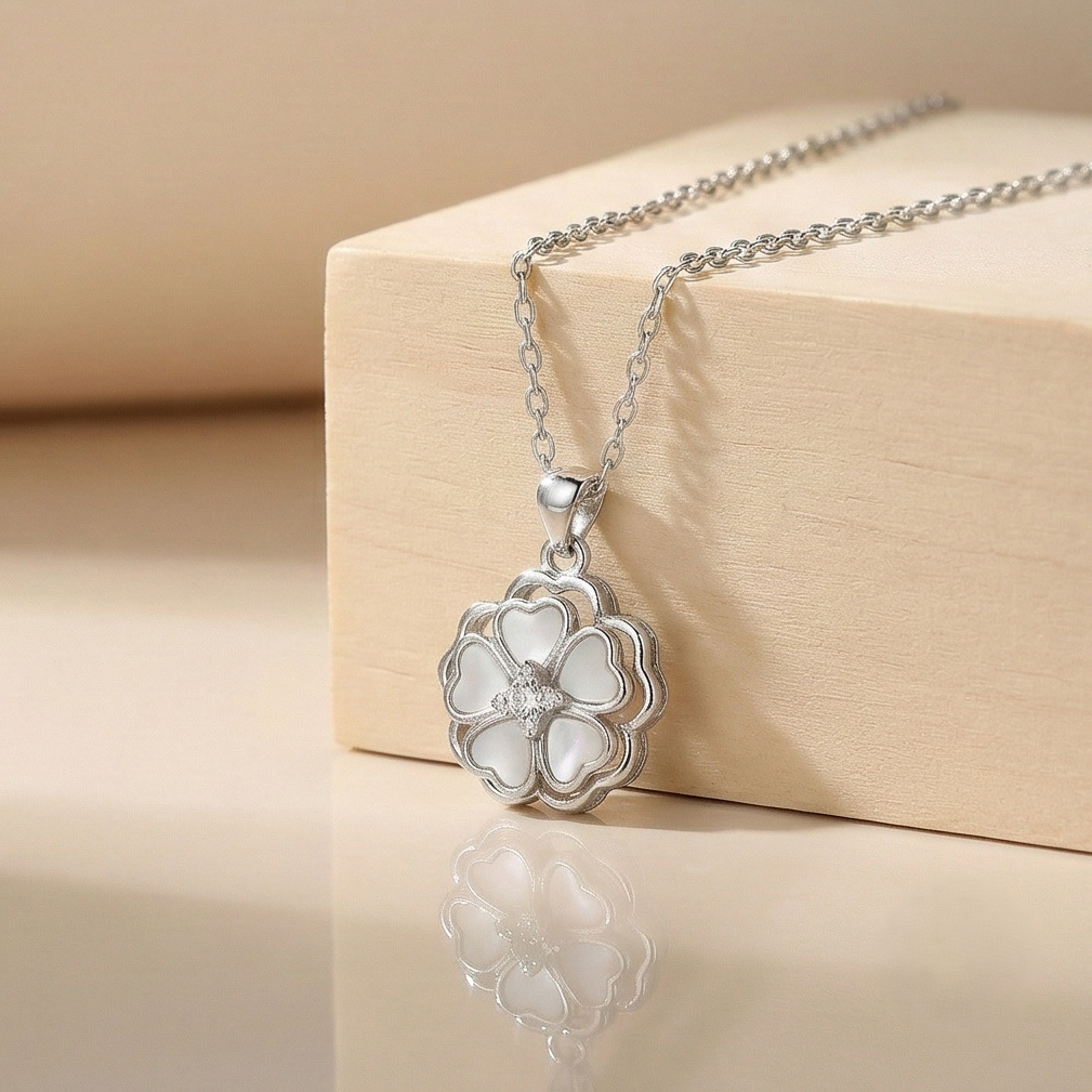 925 Sterling Silver White Shell Floral Motif Pendant Necklace Jewellery with Rhodium Finish