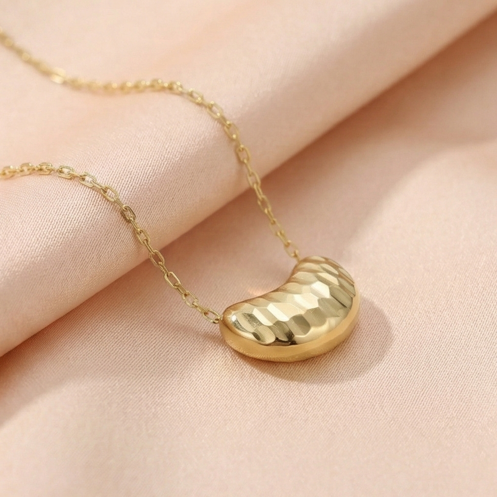 925 Sterling Silver Gold Plated Faceted Textured Bean Pendant Necklace Jewellery for Women