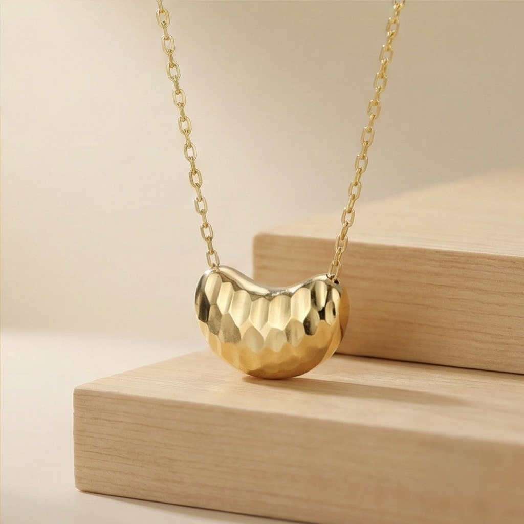 925 Sterling Silver Gold Plated Faceted Textured Bean Pendant Necklace Jewellery for Women