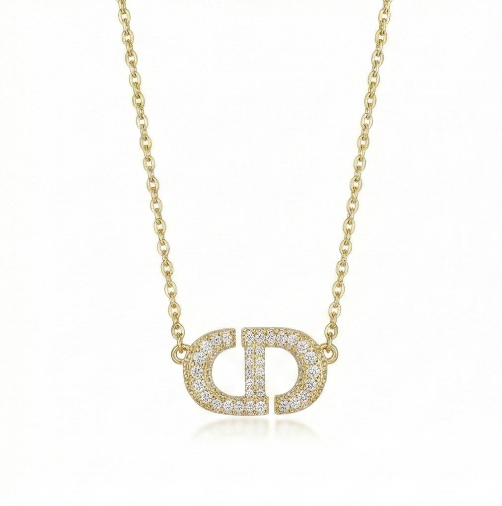 925 Sterling Silver Gold Plated Pave Interlocking Initial Pendant Necklace Jewellery for Women