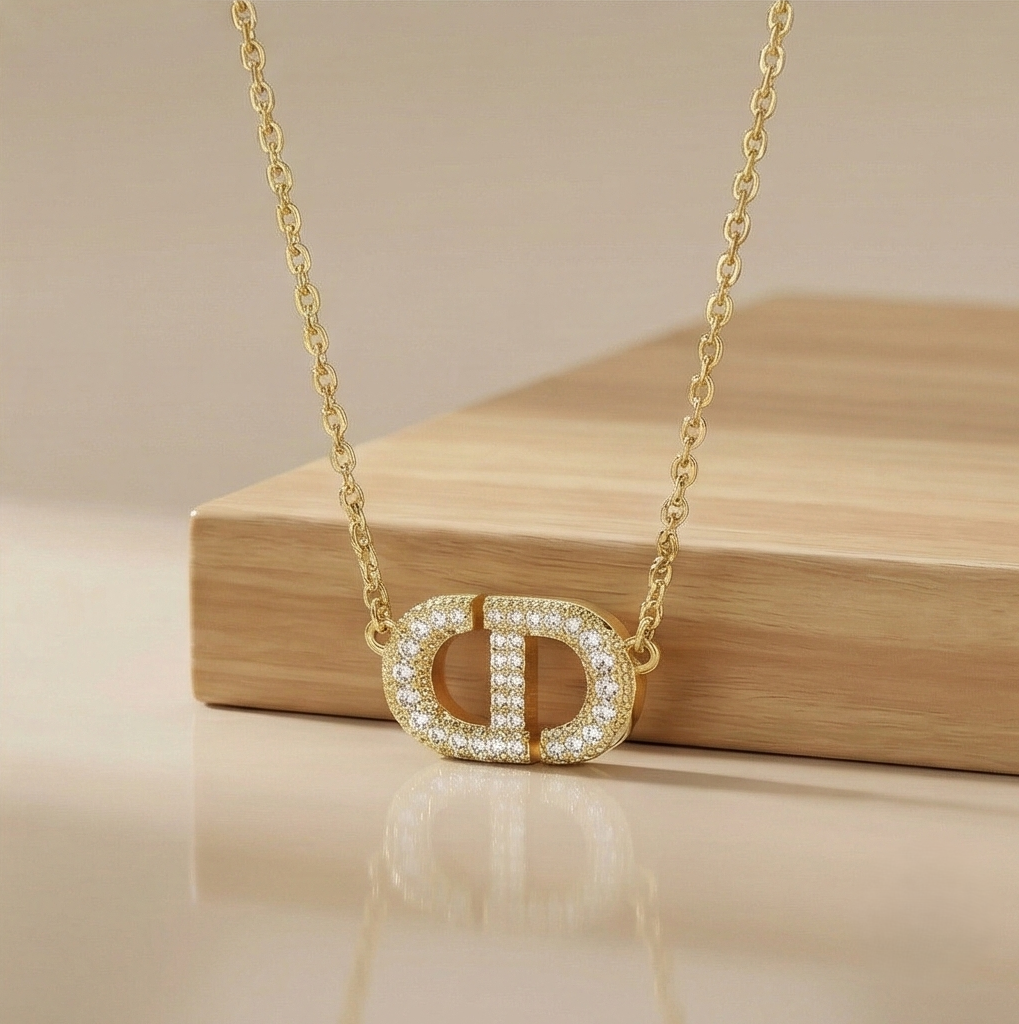 925 Sterling Silver Gold Plated Pave Interlocking Initial Pendant Necklace Jewellery for Women