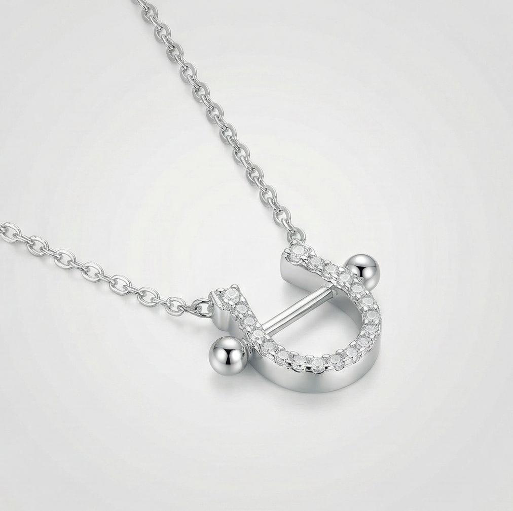925 Sterling Silver Pave Set Horseshoe Pendant Necklace Jewellery