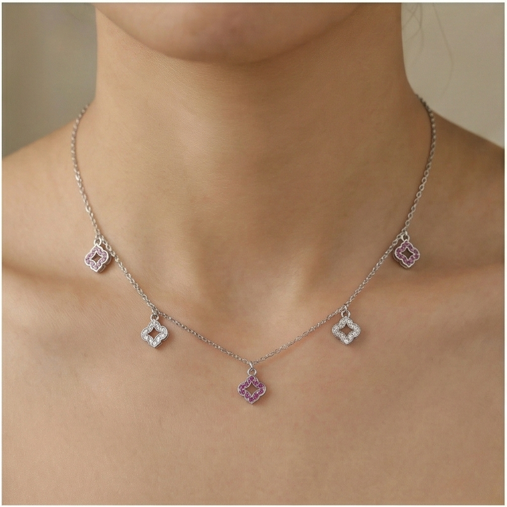 925 Sterling Silver Multi-Charm Clover Floral Station Necklace Jewellery for Women