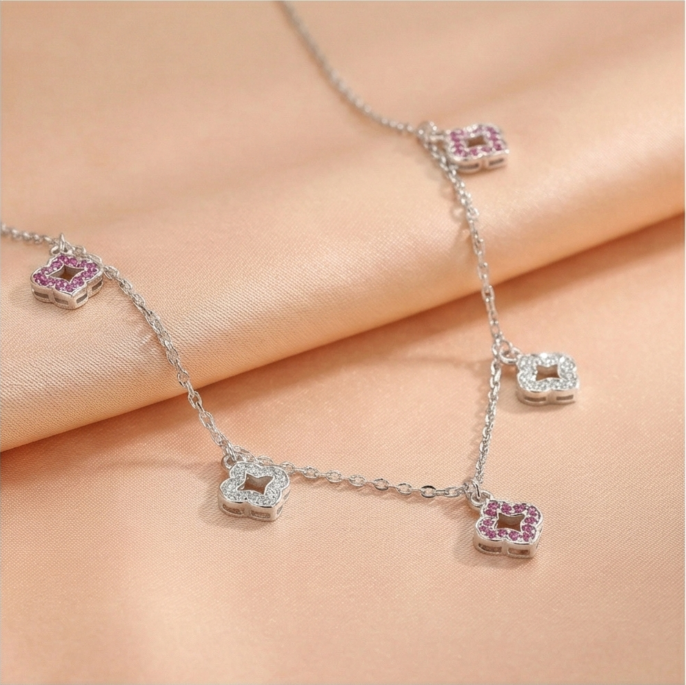 925 Sterling Silver Multi-Charm Clover Floral Station Necklace Jewellery for Women