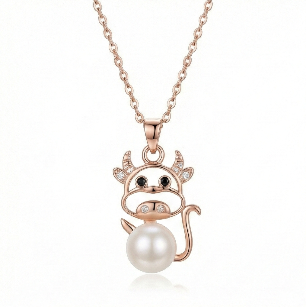 925 Sterling Silver Rose Gold Plated Playful Cow Pearl Pendant Necklace Jewellery for Women and Girls