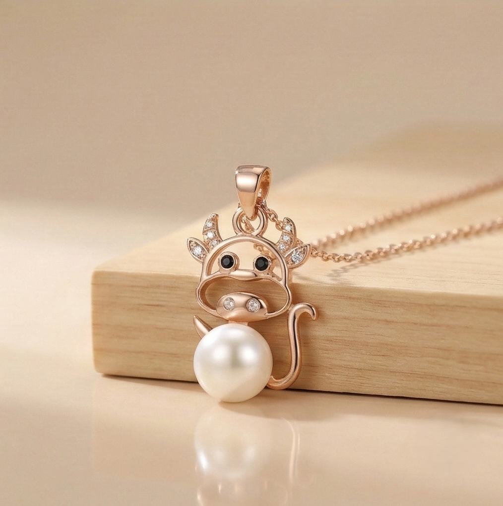 925 Sterling Silver Rose Gold Plated Playful Cow Pearl Pendant Necklace Jewellery for Women and Girls