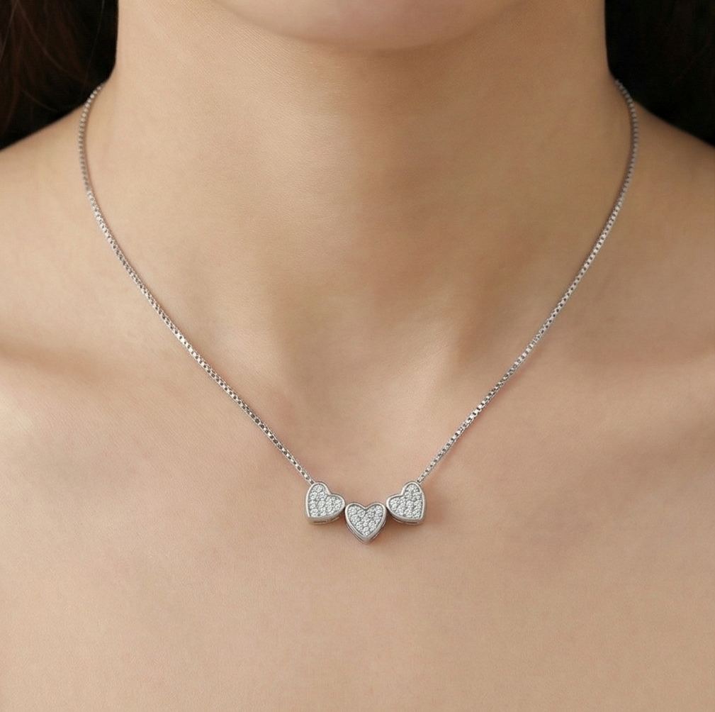 925 Sterling Silver Triple Heart Station Necklace High Polish Jewellery for Women