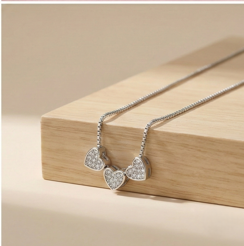 925 Sterling Silver Triple Heart Station Necklace High Polish Jewellery for Women