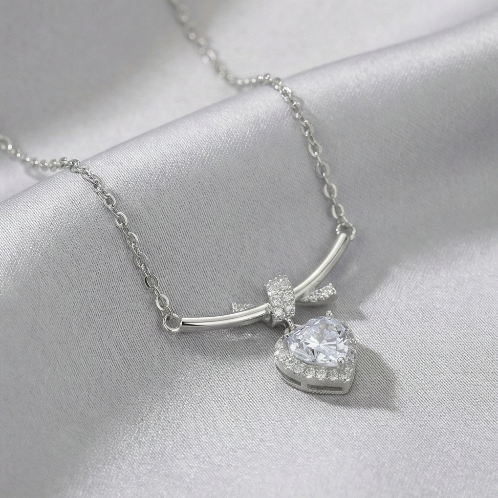 925 Sterling Silver Ribbon Bow and Heart Halo Pendant Necklace Jewellery for Women