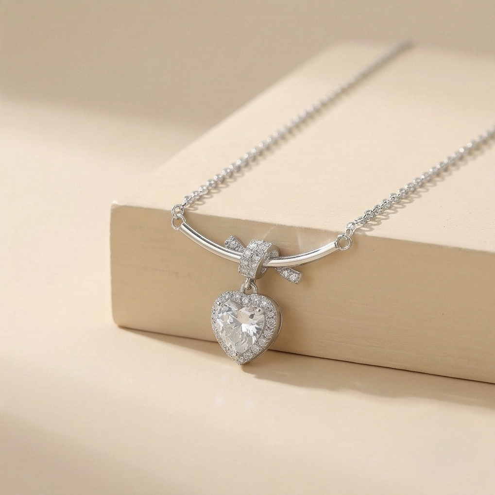 925 Sterling Silver Ribbon Bow and Heart Halo Pendant Necklace Jewellery for Women