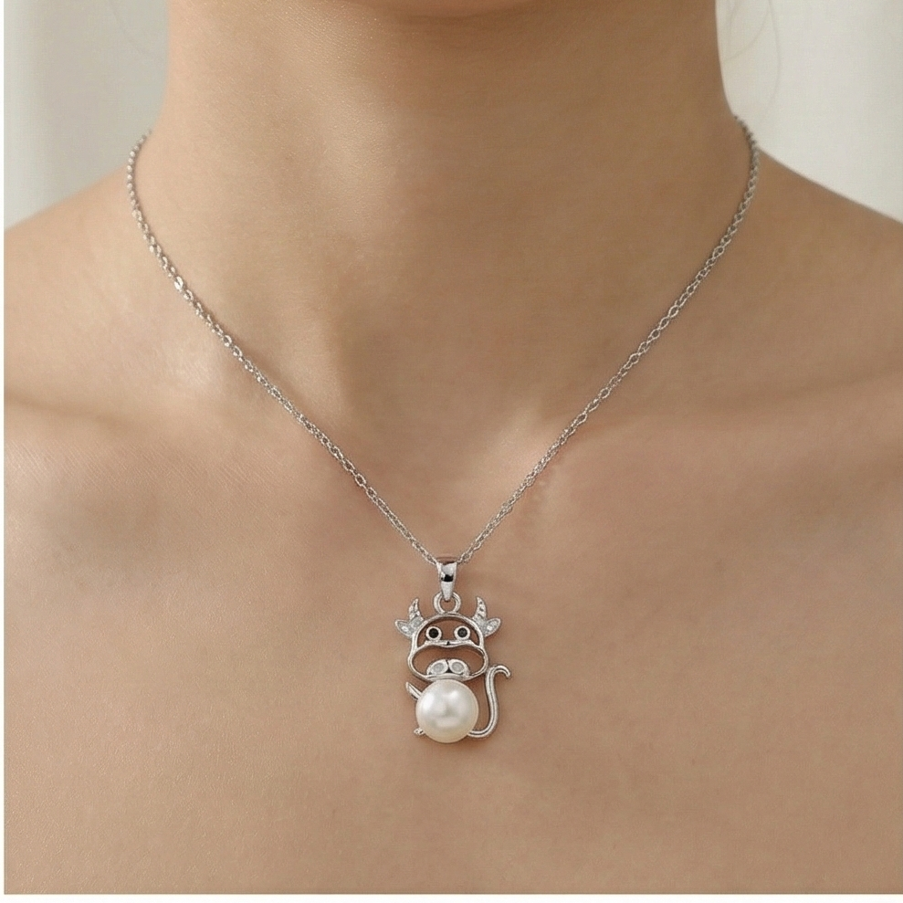 925 Sterling Silver Playful Cow Pearl Pendant Necklace Jewellery for Girls and Women