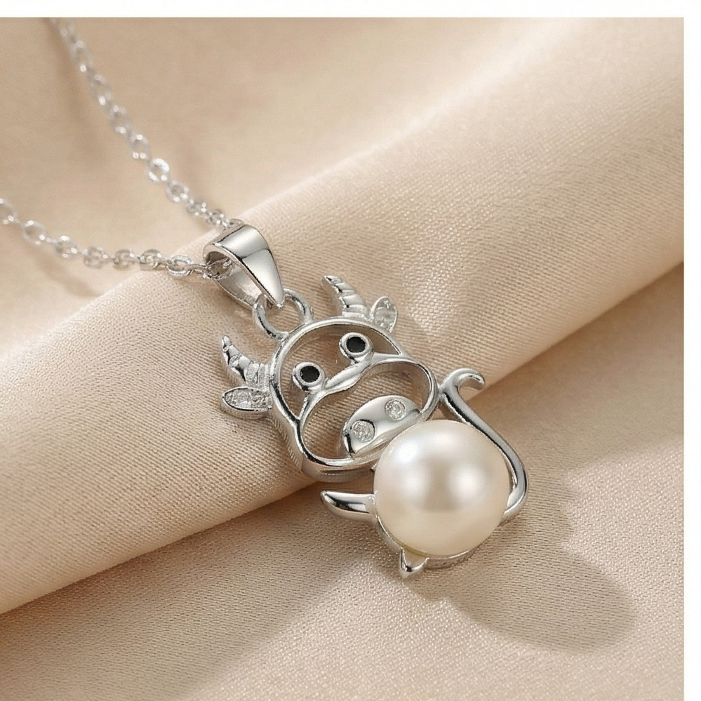 925 Sterling Silver Playful Cow Pearl Pendant Necklace Jewellery for Girls and Women