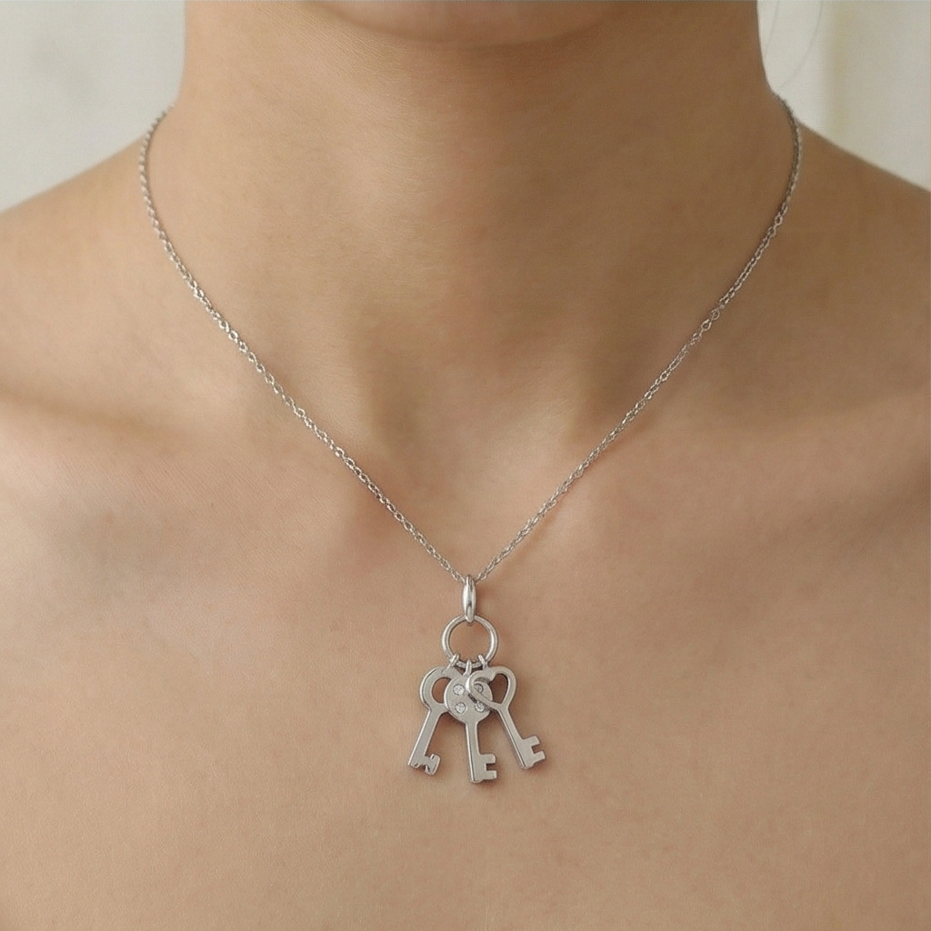 925 Sterling Silver Trio Key Charm Pendant Necklace Jewellery for Women and Girls