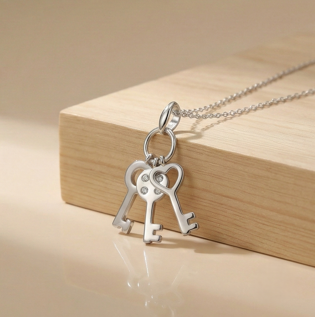 925 Sterling Silver Trio Key Charm Pendant Necklace Jewellery for Women and Girls
