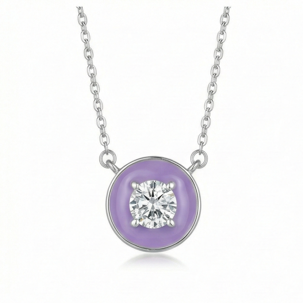 925 Sterling Silver Lavender Enamel Circle Pendant Necklace Jewellery with Rhodium Finish