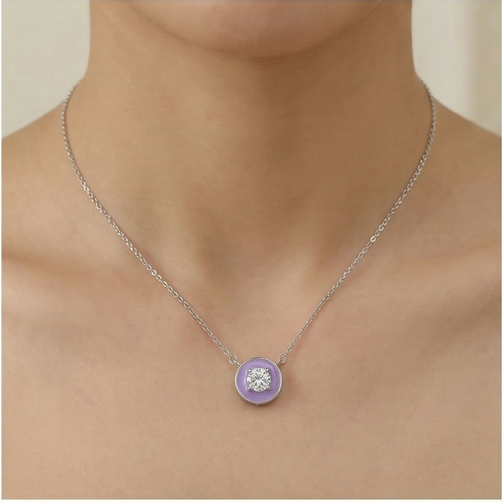 925 Sterling Silver Lavender Enamel Circle Pendant Necklace Jewellery with Rhodium Finish