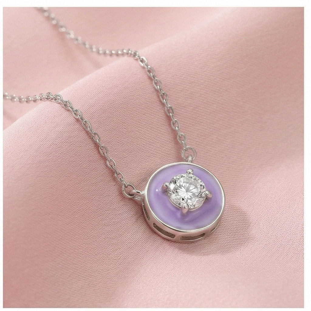 925 Sterling Silver Lavender Enamel Circle Pendant Necklace Jewellery with Rhodium Finish