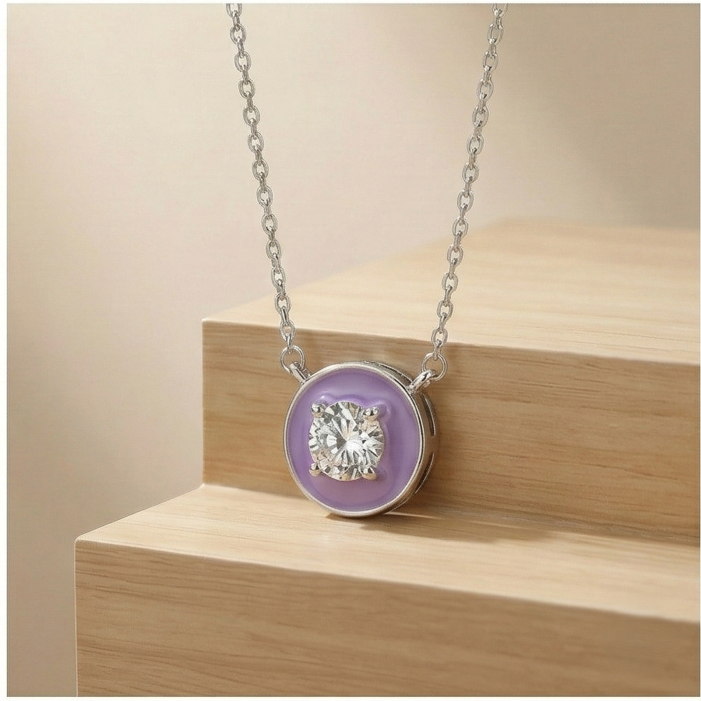 925 Sterling Silver Lavender Enamel Circle Pendant Necklace Jewellery with Rhodium Finish