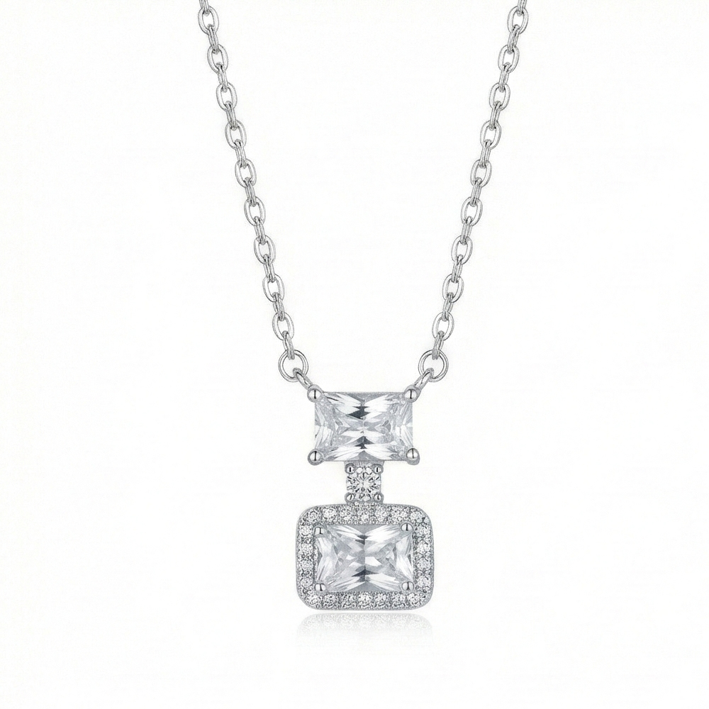 925 Sterling Silver Double Geometric Drop Stone Pendant Necklace Jewellery for Women