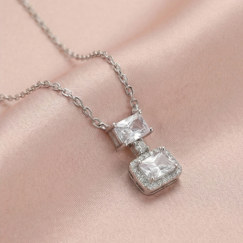 925 Sterling Silver Double Geometric Drop Stone Pendant Necklace Jewellery for Women