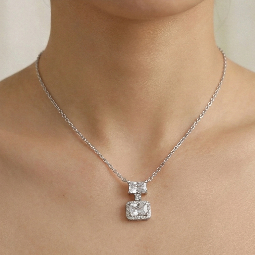 925 Sterling Silver Double Geometric Drop Stone Pendant Necklace Jewellery for Women