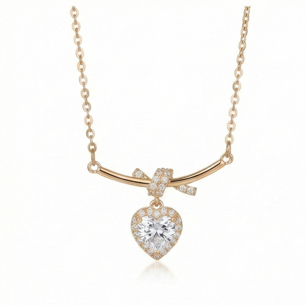 925 Sterling Silver Rose Gold Plated Ribbon Bow Heart Pendant Necklace Jewellery for Women
